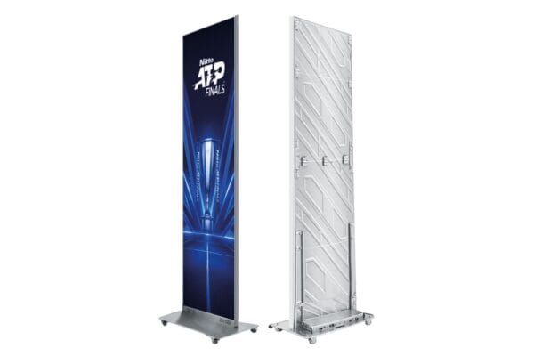 Noleggio totem ledwall passo 1.5 per eventi sportivi, con design moderno e tecnologia avanzata, ideale per promozioni e pubblicità in fiere, eventi e temprary shop.