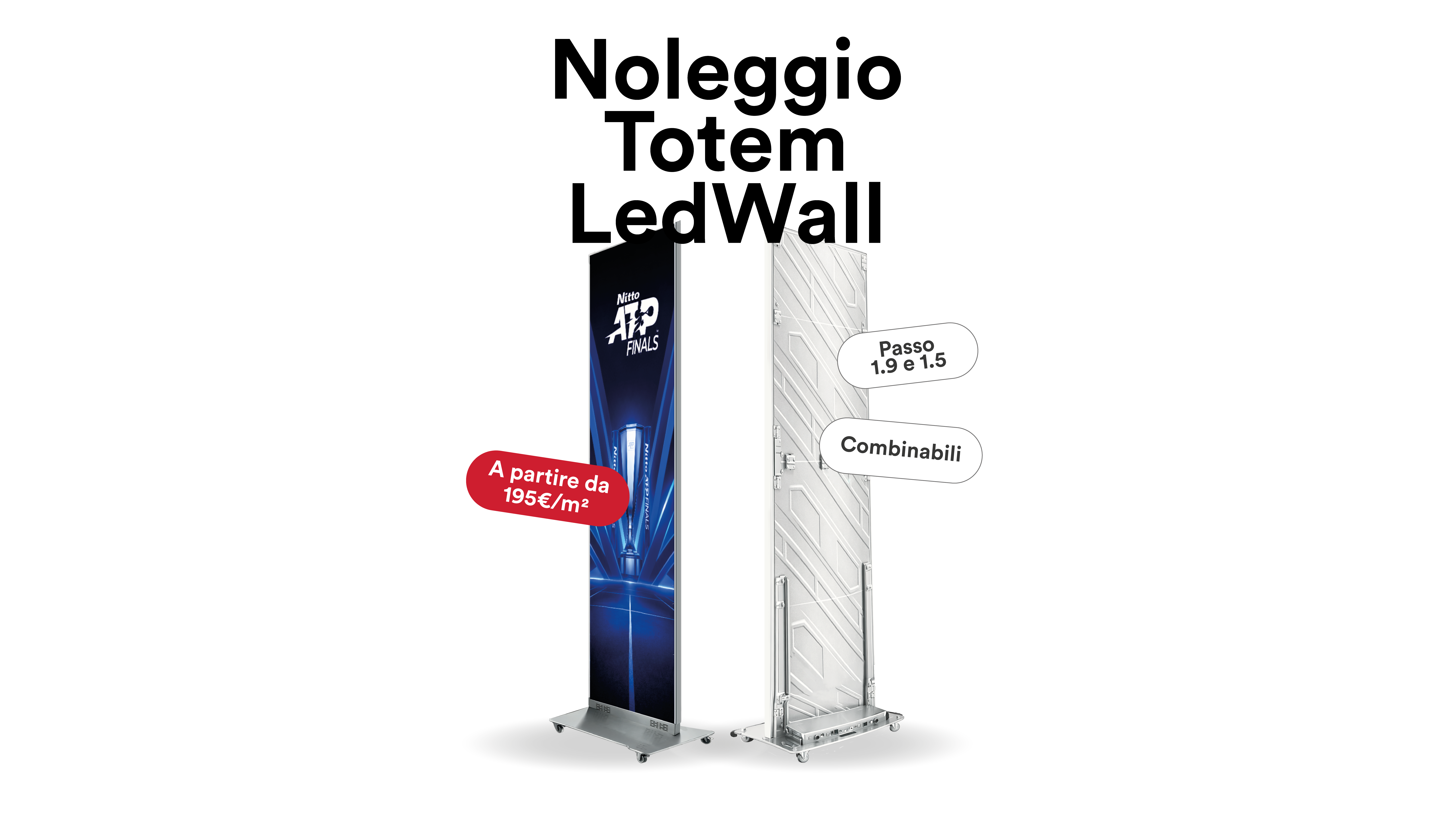 Noleggio totem LEDWall per eventi e pubblicità, struttura moderna e luminosa, disponibile da Modorent.