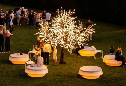 Evento all'aperto con sedute illuminate e albero decorato con luci, atmosfera elegante e conviviale.