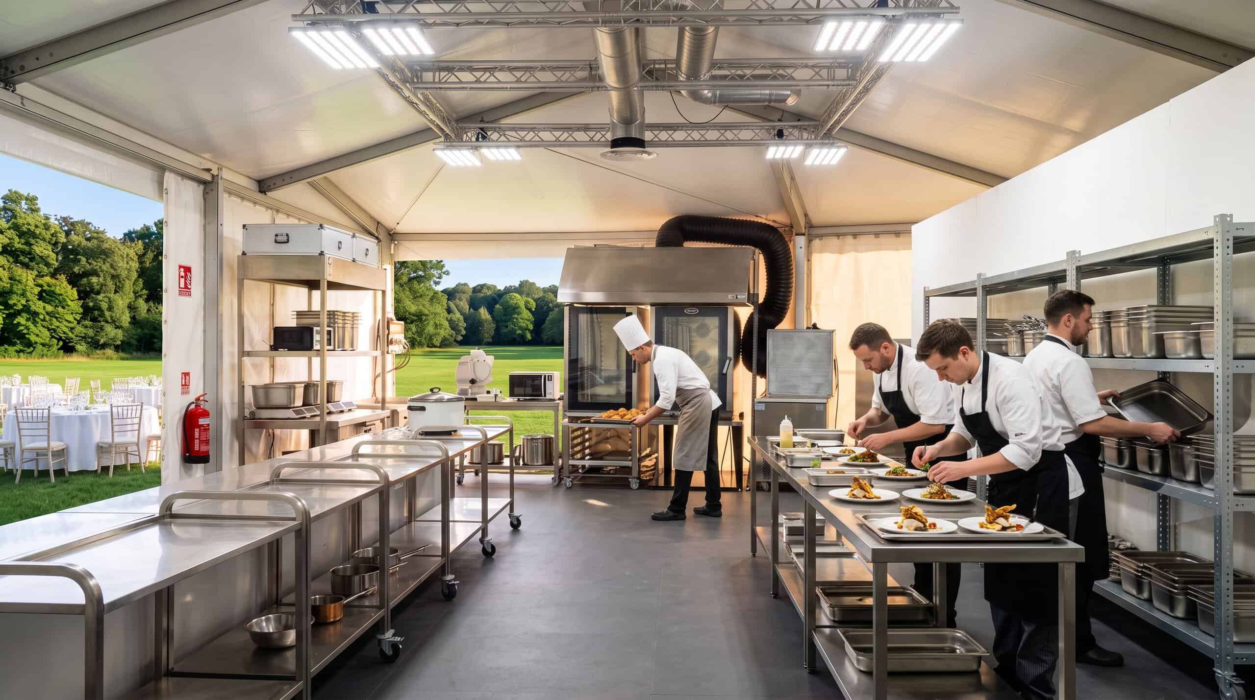 Cucina professionale all'aperto con chef e staff che preparano piatti in un evento all'aperto, con vista su un paesaggio verde.