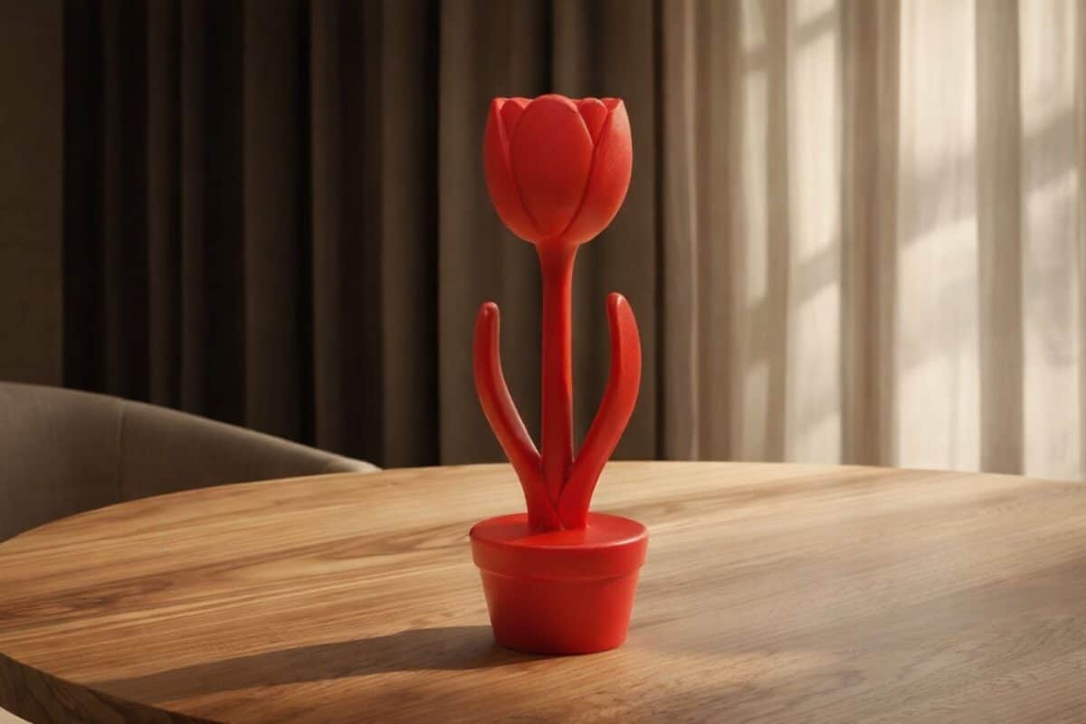 Decorativo vaso con fiore rosso in stile moderno, ideale per arredamento di interni eleganti e di design.