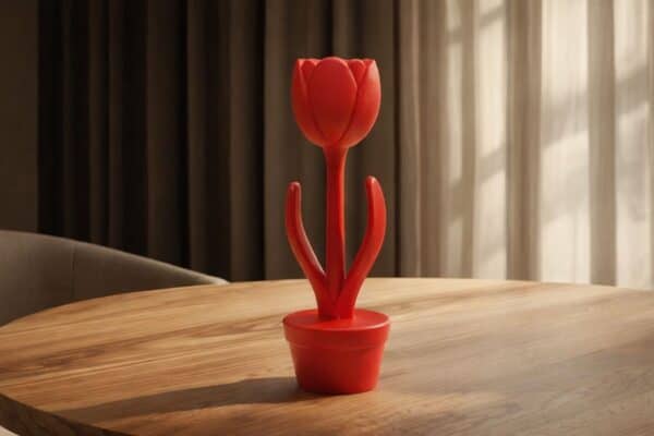 Decorativo vaso con fiore rosso in stile moderno, ideale per arredamento di interni eleganti e di design.
