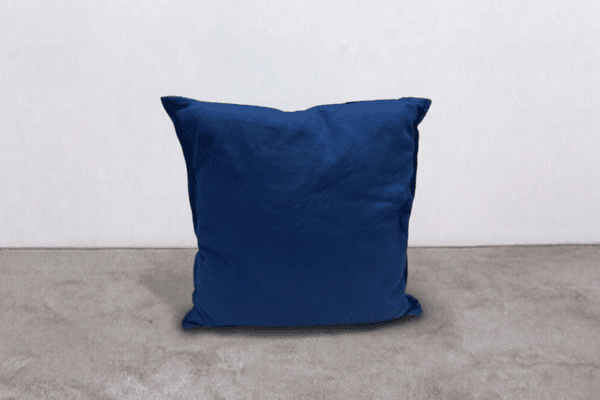 Cuscino blu in tessuto morbido su pavimento in moquette grigia, ideale per decorare e rendere confortevole lo spazio living o camera da letto. Perfetto complemento d'arredo per ambienti moderni.
