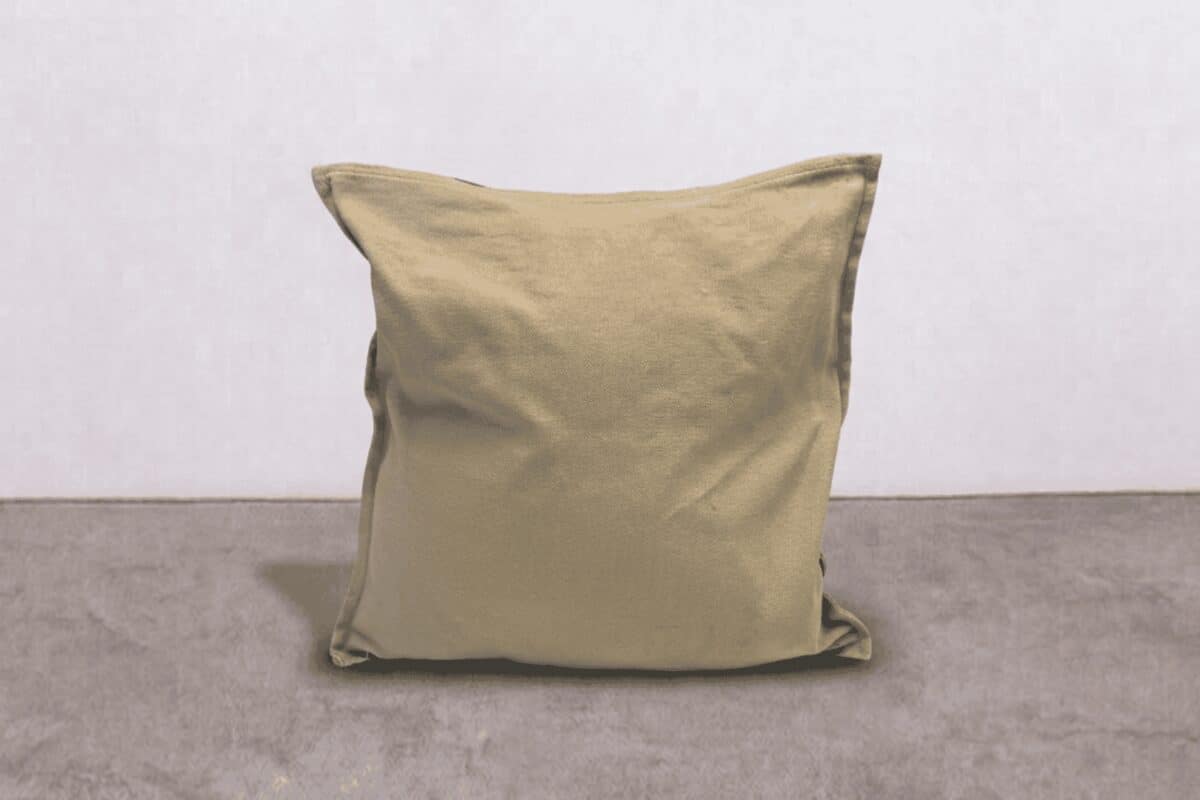 Cuscino beige in tessuto morbido, ideale per decorare e rendere confortevole il soggiorno o la camera da letto.