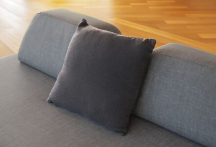 Cuscino grigio scuro su divano moderno in soggiorno con pavimento in legno chiaro.