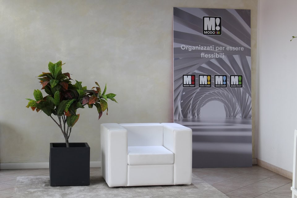 Poltrona bianca accanto all'albero Pianta Croton su un tappeto, con uno striscione con un disegno geometrico e una scritta in italiano sullo sfondo.