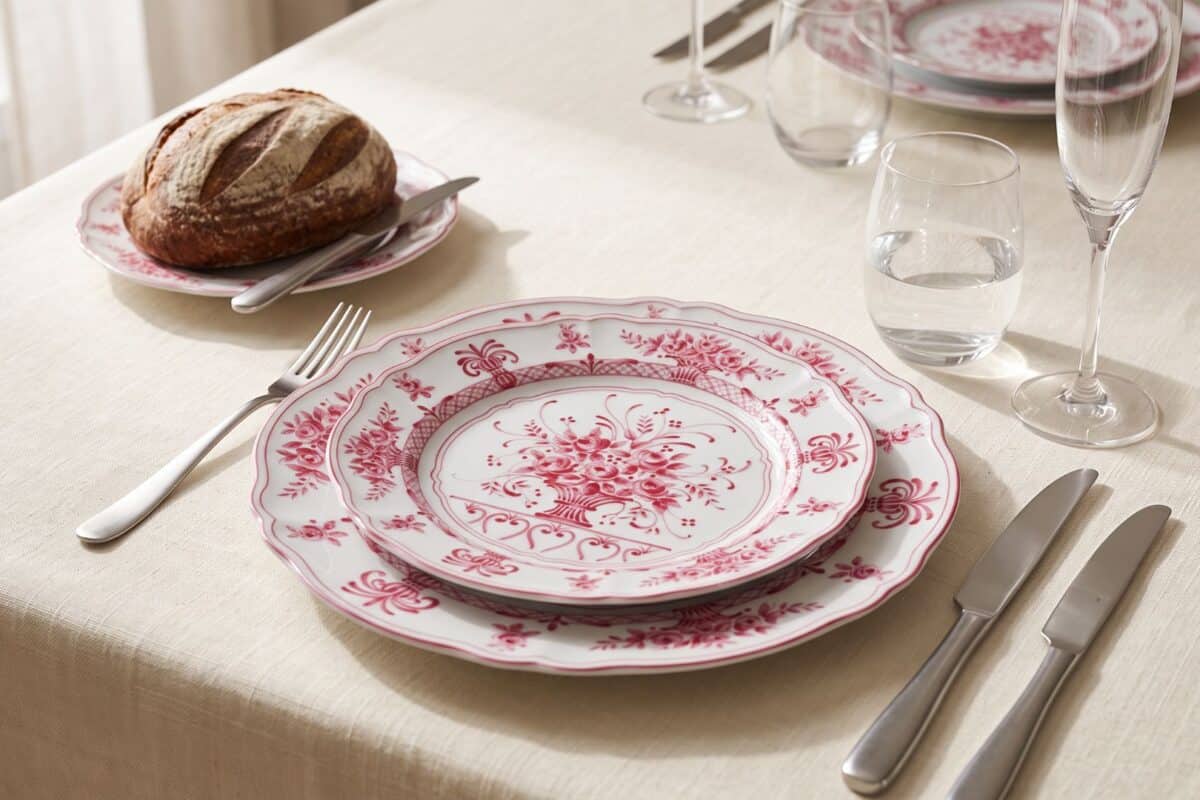 Piatti in porcellana con motivo floreale rosso su tavola elegante per cena.