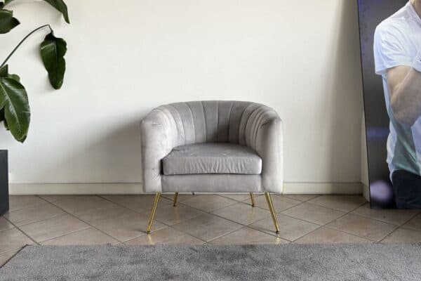 poltrona donatello in velluto color grigio in una stanza