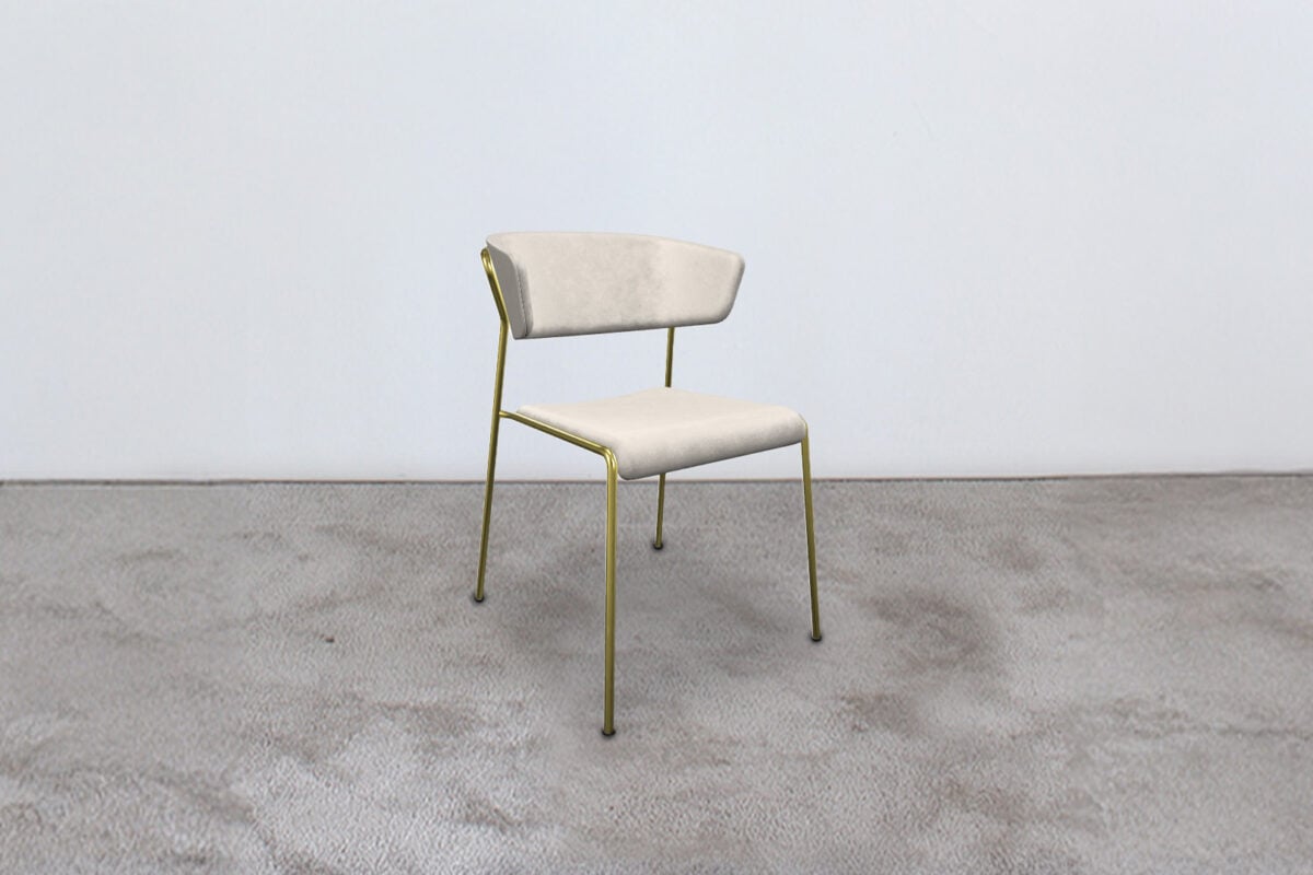 Sedia moderna con schienale imbottito e struttura in metallo dorato, elegante e versatile per arredare ambienti living o uffici con stile.