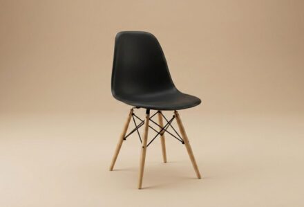 Sedia moderna nera con gambe in legno chiaro, design minimalista e elegante, ideale per ambienti contemporanei.