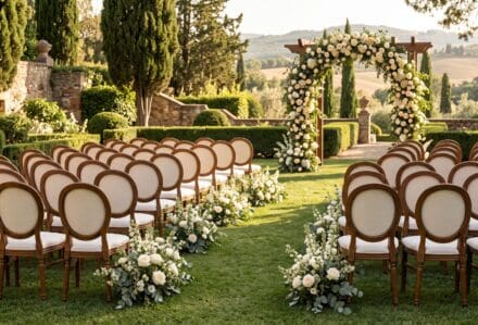 Setup per cerimonia all'aperto con sedie Louis Atelier e decorazioni floreali in un giardino.