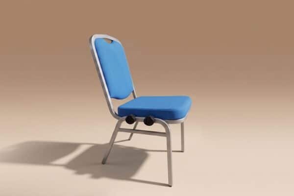 Sedia pieghevole con sedile e schienale imbottiti di colore blu, ideale per eventi e conferenze.