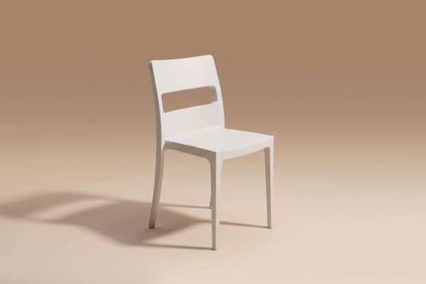Sedia moderna bianca con design minimalista su sfondo beige, ideale per arredamento contemporaneo.