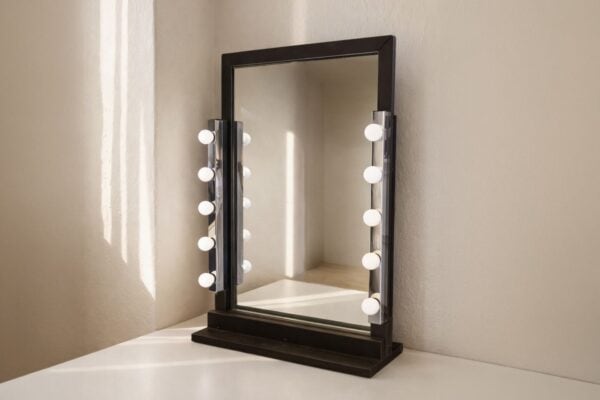 Specchio da trucco con luci a LED, ideale per make-up e skincare, posizionato su una parete neutra.