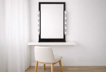 Specchio da trucco con luci LED su parete bianca, stile minimalista, ideale per make-up e skincare.
