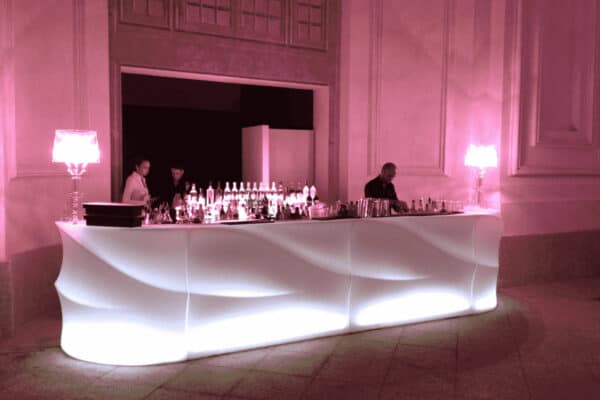 noleggio bar reception desk bancone bar baraonda curvo luminoso
