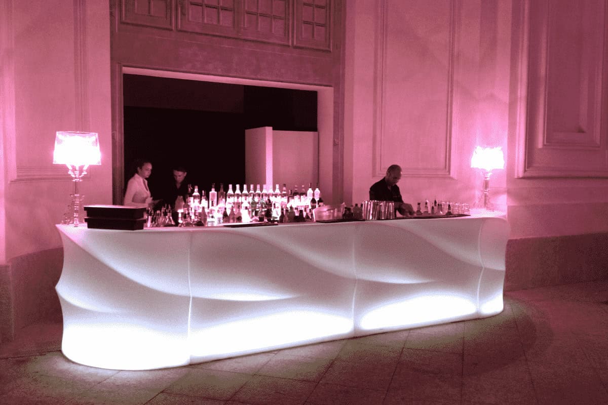 noleggio bar reception desk bancone bar baraonda curvo luminoso